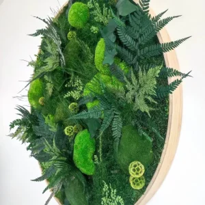 Grand tableau rond 80 cm encadrement bois naturel clair, entièrement recouvert de mousses boule plate et forêt, fougères, eucalyptus et feuillages variés stabilisés, pièce unique artisanale