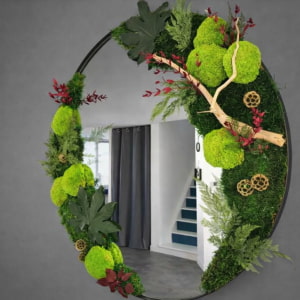 Grand miroir rond 81 cm cadre métal noir mat 3 cm, mousses naturelles stabilisées boule et plate et feuillages variés stabilisés sur une partie du miroir – pièce unique artisanale, livraison France
