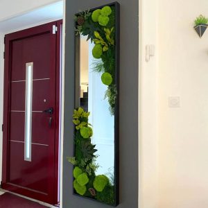 Grand miroir rectangulaire vertical 150x40 cm cadre métal noir mat 4 cm, végétaux stabilisés en composition libre – pièce unique artisanale, à accrocher ou poser au sol, livraison France s