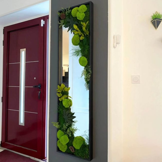 Grand miroir rectangulaire vertical 150x40 cm cadre métal noir mat 4 cm, végétaux stabilisés en composition libre – pièce unique artisanale, à accrocher ou poser au sol, livraison France s