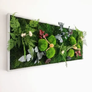 Grand tableau 100x30 cm bois cérusé blanc 4 cm, entièrement recouvert de végétaux stabilisés et touches de couleur – fixation horizontale ou verticale, pièce unique, livraison France
