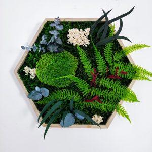 Tableau hexagonal 26 cm pointe à pointe contour bois naturel, entièrement recouvert de végétaux stabilisés – création artisanale unique, à poser ou accrocher, livraison France