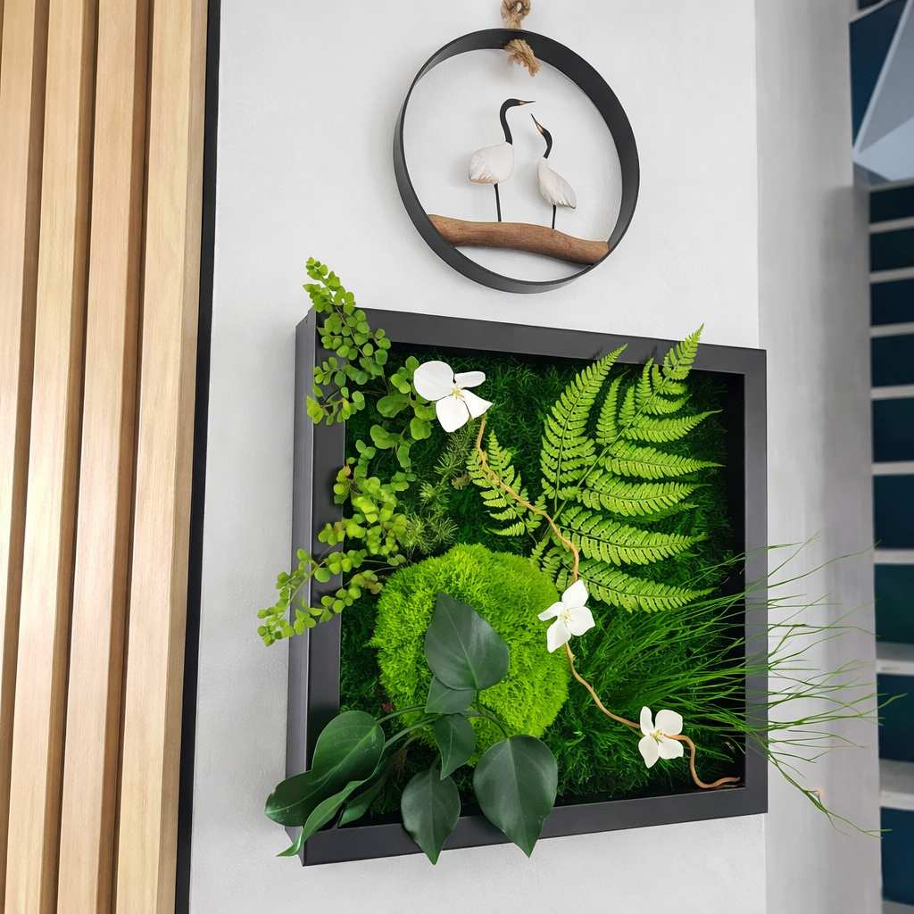 Tableau carré 27x27 cm encadrement noir 6 cm, entièrement recouvert de végétaux et fleurs stabilisés variés – pièce unique artisanale, à poser ou accrocher, livraison France