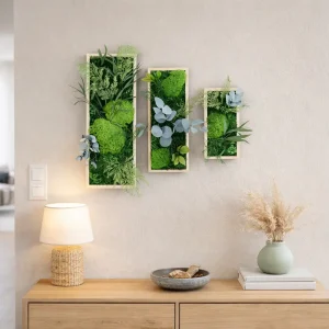 Triptyque de 3 tableaux végétaux stabilisés encadrement bois naturel – 15x40 cm, 12x30 cm et 10x20 cm – compositions uniques faites main, à accrocher, livraison France