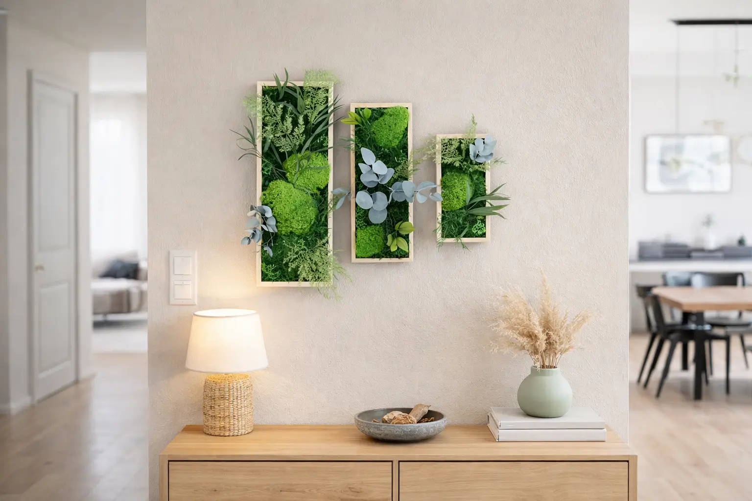 Triptyque de 3 tableaux végétaux stabilisés encadrement bois naturel – 15x40 cm, 12x30 cm et 10x20 cm – compositions uniques faites main, à accrocher, livraison France
