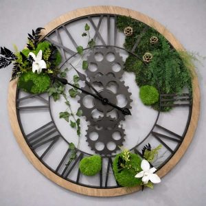 Horloge murale 70 cm contour bois naturel, intérieur métal noir, engrenages décoratifs, végétaux stabilisés et têtes d'orchidées blanches stabilisées – création artisanale unique, livraison France