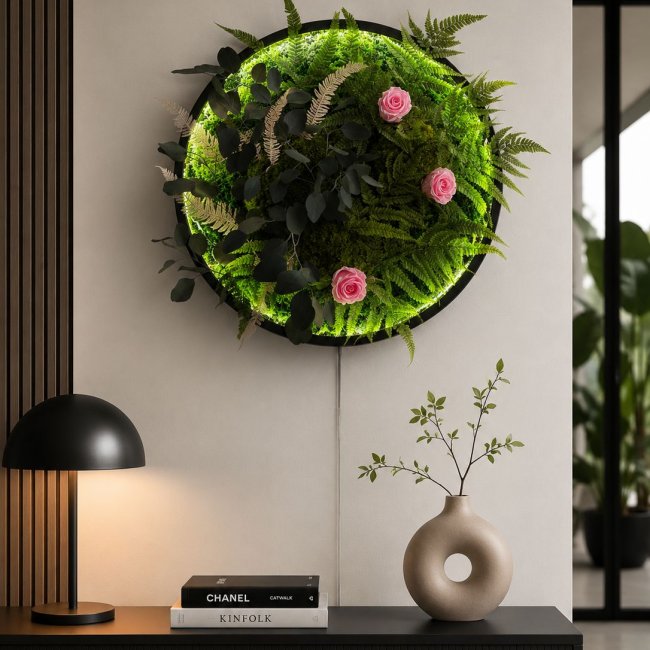Tableau rond lumineux avec végétal stabilisé a accrocher