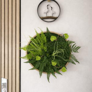 Tableau rond 30 cm cadre bois naturel entièrement recouvert de végétaux stabilisés, profondeur 4 cm – création artisanale unique à accrocher, livraison France