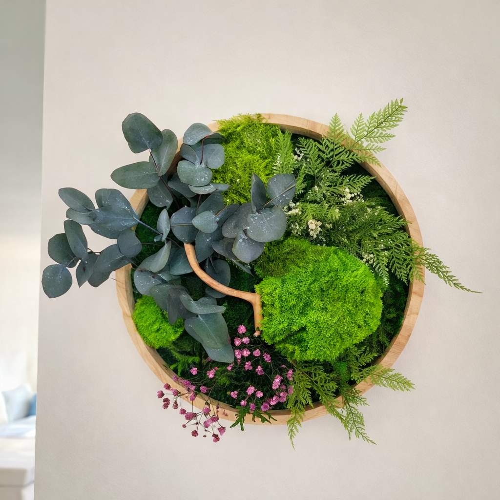 Tableau rond 30 cm cadre bois naturel entièrement recouvert de végétaux stabilisés, profondeur 4 cm – création artisanale unique à accrocher, livraison France