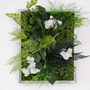 Tableau végétal stabilisé 23x32 cm cadre couleur aluminium, entièrement recouvert de végétaux stabilisés – création artisanale unique, à poser ou accrocher, livraison France