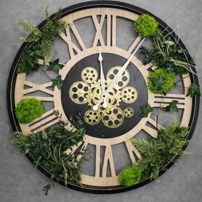 Horloge murale 57 cm cadre métal noir, engrenages mobiles, aiguilles et végétaux stabilisés à l'intérieur du cadran – création artisanale unique, livraison France