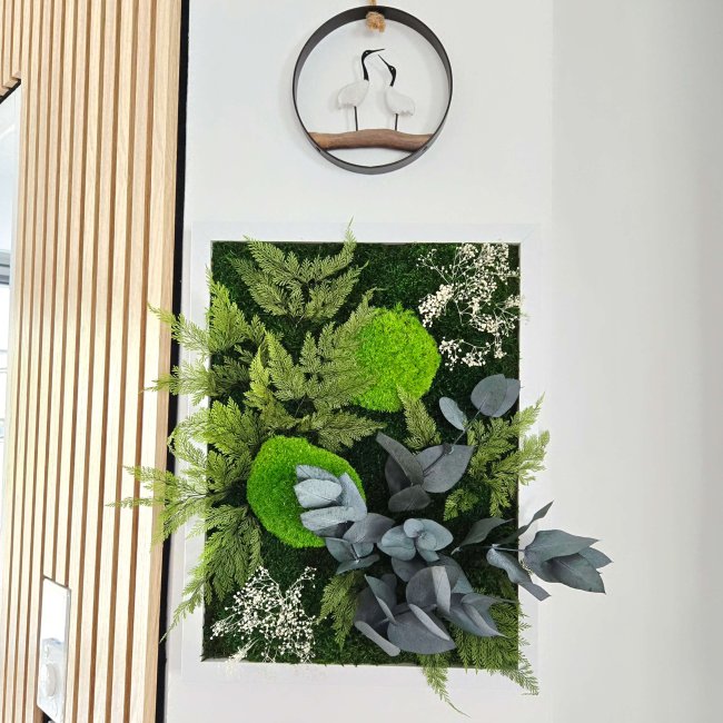 Tableau végétal stabilisé encadrement blanc, pièce unique artisanale 32x42 cm