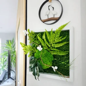Tableau carré mural végétaux stabilisés avec cadre blanc – création artisanale unique 27x27 cm, entièrement végétalisé, sans entretien, livraison France